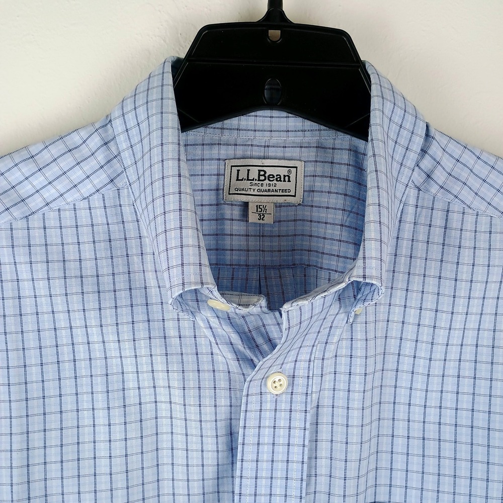 LL Bean Mens Easy Care Button Down Shirt 15.5 32 Blue White Plaid Long Sleeve
